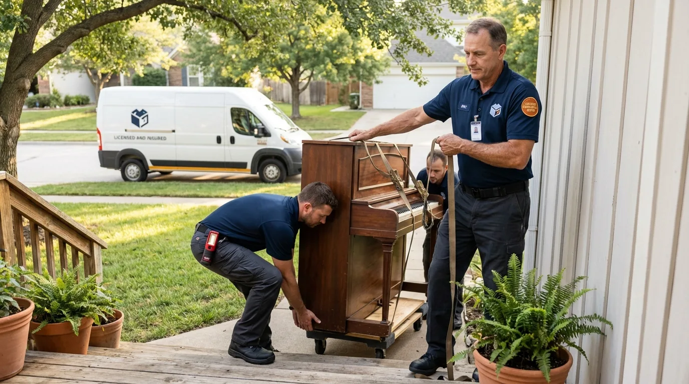 Licensed piano movers securing grand piano in North Olmsted, OH
