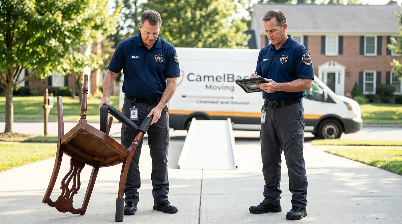 Movers inspecting furniture for damage prevention before loading in North Olmsted, OH