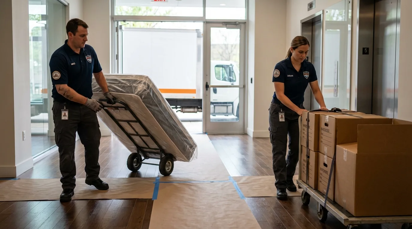 Professional apartment movers loading elevator in North Olmsted, OH