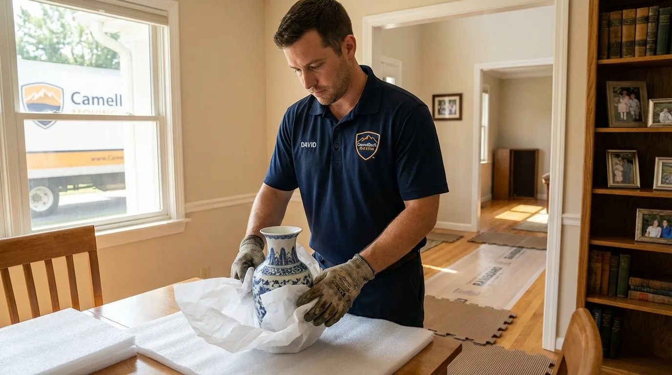 Professional crew carefully wrapping antique vase for senior downsizing move in North Olmsted, OH